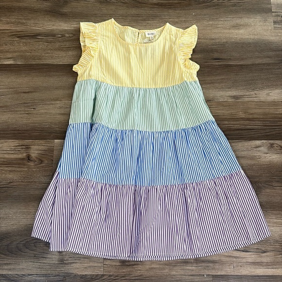 Bibi Women's Tiered‎ Striped Dress Size Small NWT Pastel Rainbow Ruffle Sleeve - Picture 1 of 11